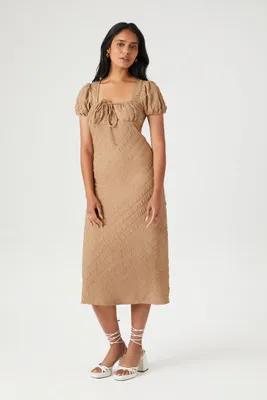 Women's Textured Puff-Sleeve Midi Dress in Taupe Small