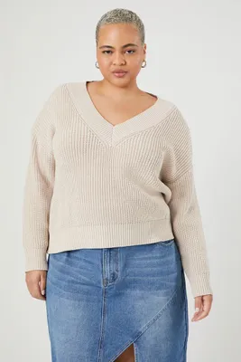 Women's Ribbed V-Neck Sweater in Oatmeal, 1X