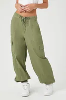 Women's Drawstring Poplin Cargo Joggers in Olive Large