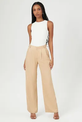 Women's Pinstriped Wide-Leg Trouser Pants in Khaki/White Small