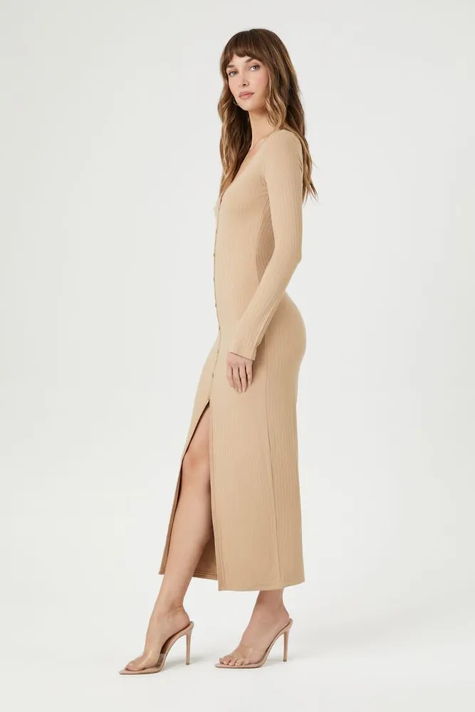 Women's Button-Front Midi Sweater Dress Tan