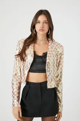 Women's Sequin Checkered Cropped Blazer in Gold/Silver Small