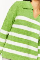 Women's Fuzzy Striped Collared Sweater in Green/Cream Small