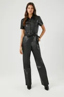 Women's Faux Leather Tie-Waist Jumpsuit in Black, XS