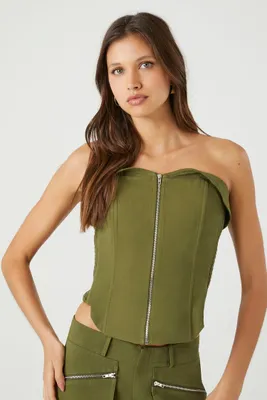 Women's Cropped Zip-Up Tube Top in Olive, XL