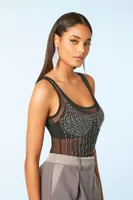 Women's Rhinestone Sheer Tank Bodysuit in Black/Silver, XS