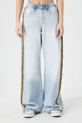 Women's Striped-Trim High-Rise Baggy Jeans Light Denim,