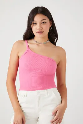 Women's Ribbed Knit One-Shoulder Cami in Pink Small