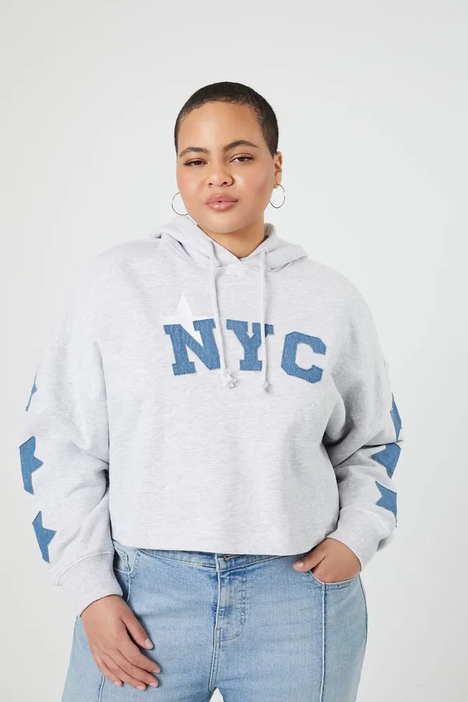 Women's NYC Star Patch Hoodie in Heather Grey, 1X