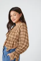 Women's Plaid Handkerchief Crop Top in Brown Medium