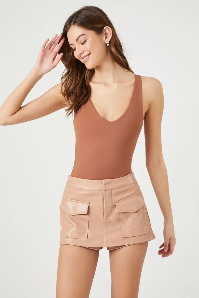 Women's Faux Leather A-Line Skort in Brown, XS
