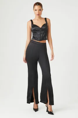 Women's Satin Mid-Rise Split-Hem Pants in Black, XS