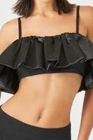 Women's Satin Ruffle Cropped Cami in Black, XL