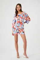 Women's Ruffle Floral Print Bodysuit in Blue Large