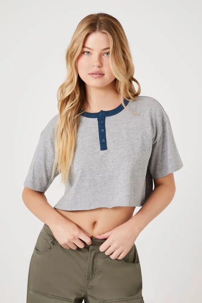 Women's Raw-Cut Cropped T-Shirt in Heather Grey/Dark Navy Medium