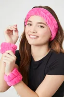 Plush Headwrap & Wristband Set in Hot Pink