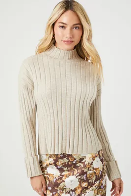 Women's Rib-Knit Mock Neck Sweater in Taupe Medium