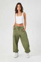 Women's Drawstring Poplin Cargo Joggers in Olive Large