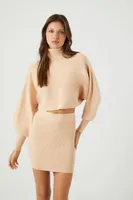 Women's Sweater-Knit Turtleneck Top & Skirt Set in Taupe, XL