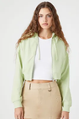 Women's Ribbed Cropped Zip-Up Hoodie in Lily Pad Small