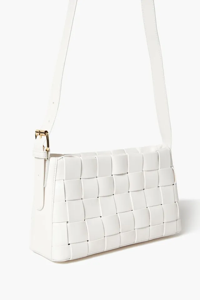 Forever 21 Faux Leather Basketweave Shoulder Bag, Color: White