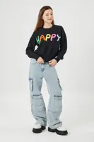 Women's Happy Graphic Sweater in Black, XS