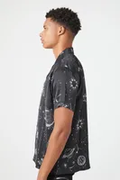Men Satin Constellation Graphic Shirt in Black, XXL