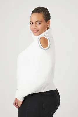 Women's Open-Shoulder Sweater in White, 1X