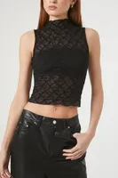 Women's Mock Neck Lace Crop Top in Black, XS