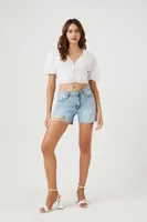 Women's Shirred Puff-Sleeve Crop Top in White Large