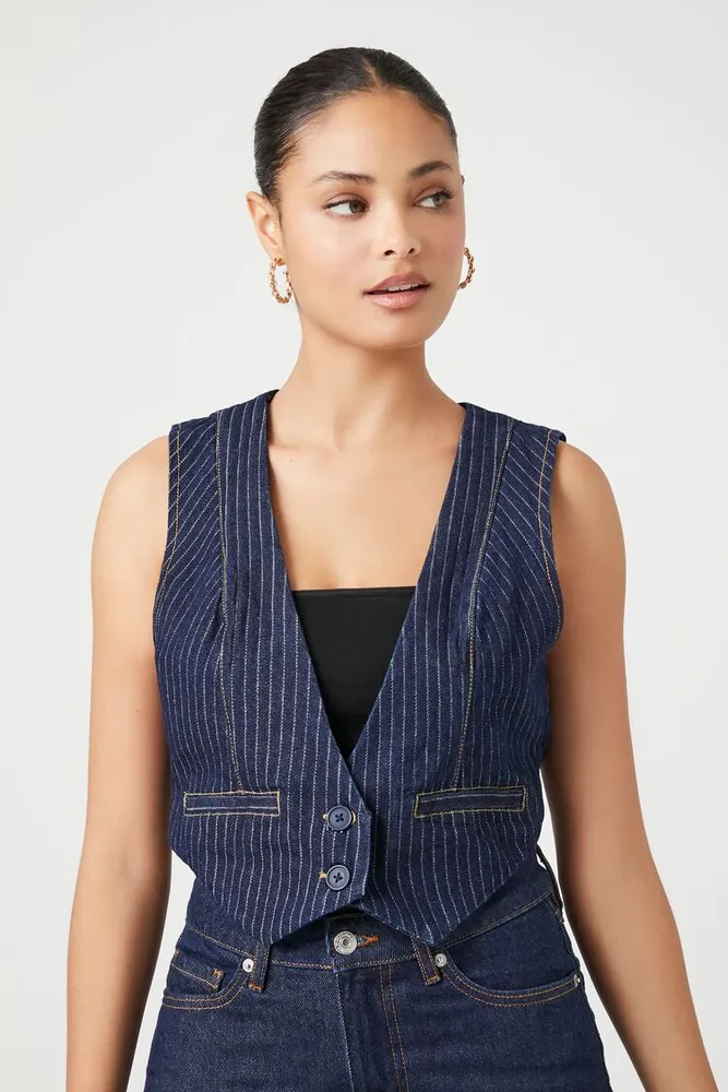 Women's Cropped Pinstripe Denim Vest , XS