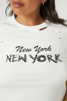 Women's New York Graphic Distressed T-Shirt in White, 3X