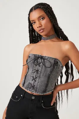 Women's Lace-Up Denim Tube Top Washed Black