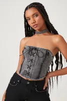 Women's Lace-Up Denim Tube Top in Washed Black Small