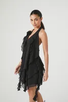 Women's Rosette Ruffle Halter Mini Dress Black