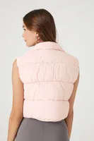 Women's Cropped Zip-Up Puffer Vest in Pink Icing Large