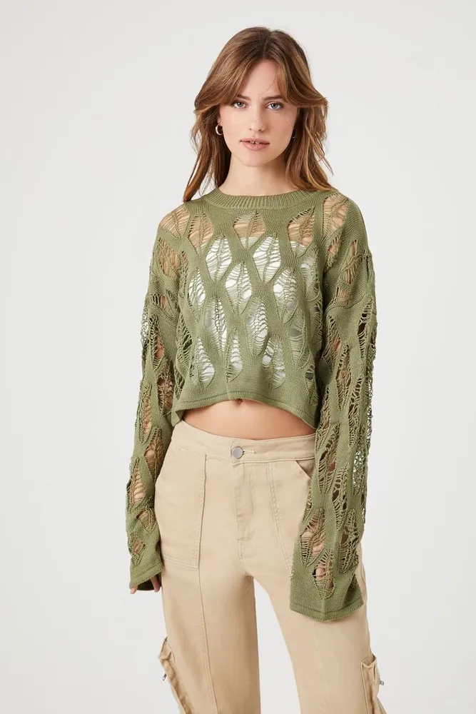 Women's Sheer Cropped Crochet Sweater in Olive Medium