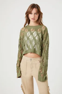 Women's Sheer Cropped Crochet Sweater in Olive, XL