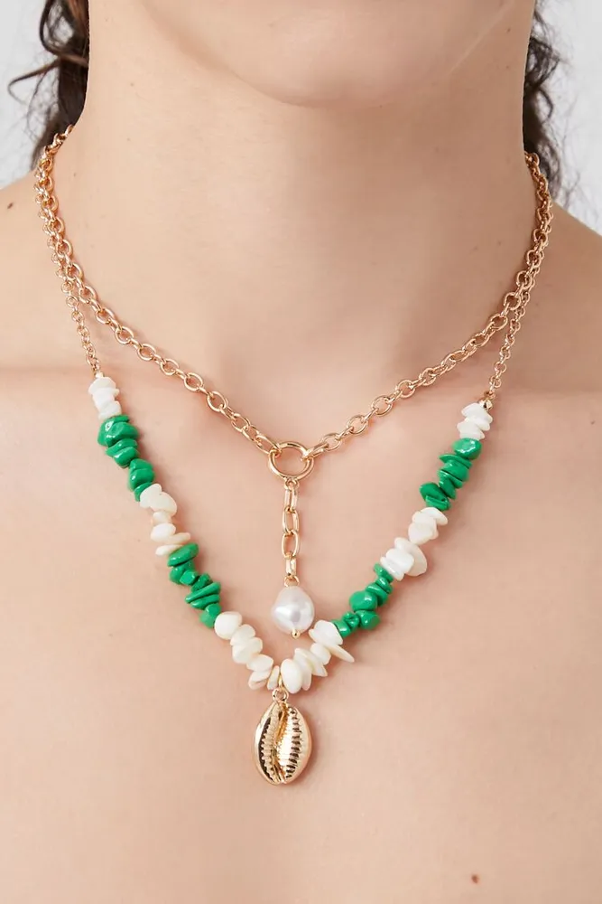 Women's Layered Seashell Necklace in Gold/Green