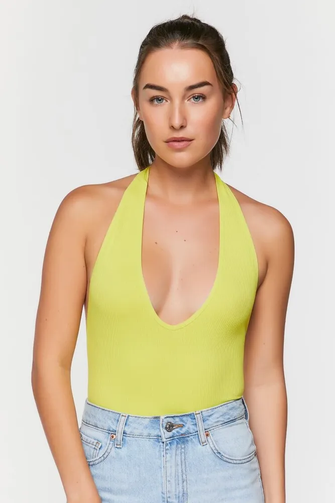 Women's Seamless Halter Bodysuit in Acid Green Medium