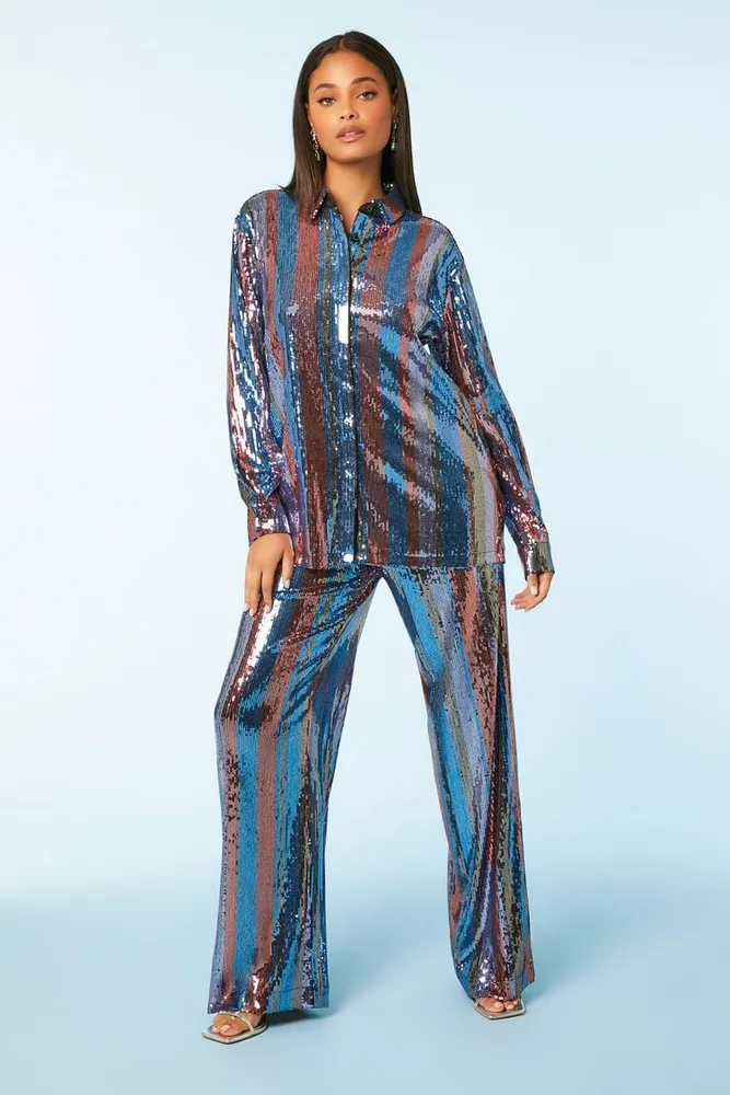 Women's Sequin Striped Shirt & Pants Set in Light Blue Small