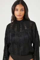 Women's Lace Fringe Bodysuit in Black Small