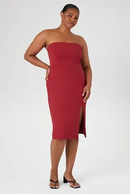 Women's Strapless Bodycon Midi Dress in Burgundy, 3X