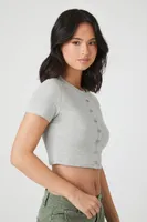 Women's Button-Front Crop Top in Heather Grey, XL