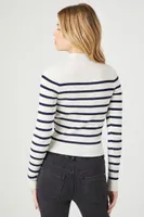 Women's Striped Mock Neck Sweater in White/Navy, XL