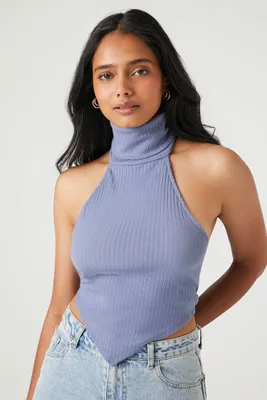 Women's Turtleneck Halter V-Hem Top in Blue Medium