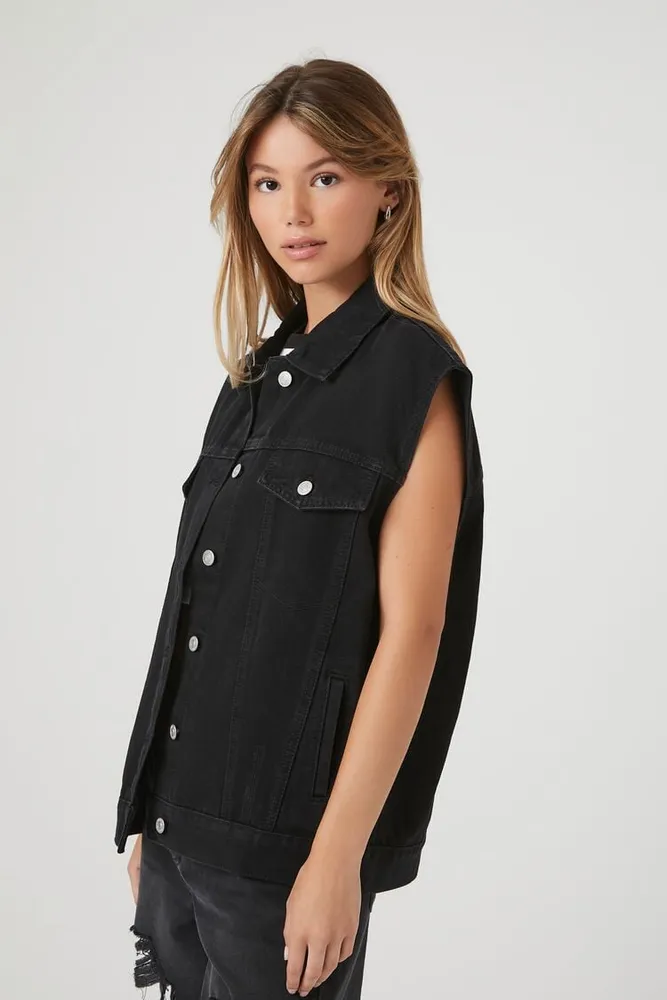 Women's Button-Up Denim Vest in Black Small