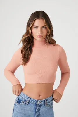 Women's Ribbed Knit Turtleneck Crop Top in Almond Large