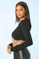 Women's Rhinestone-Fringe Crop Top in Black Medium