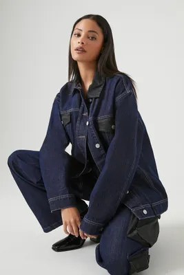 Women's Colorblock Denim Trucker Jacket in Dark Denim/Black Medium